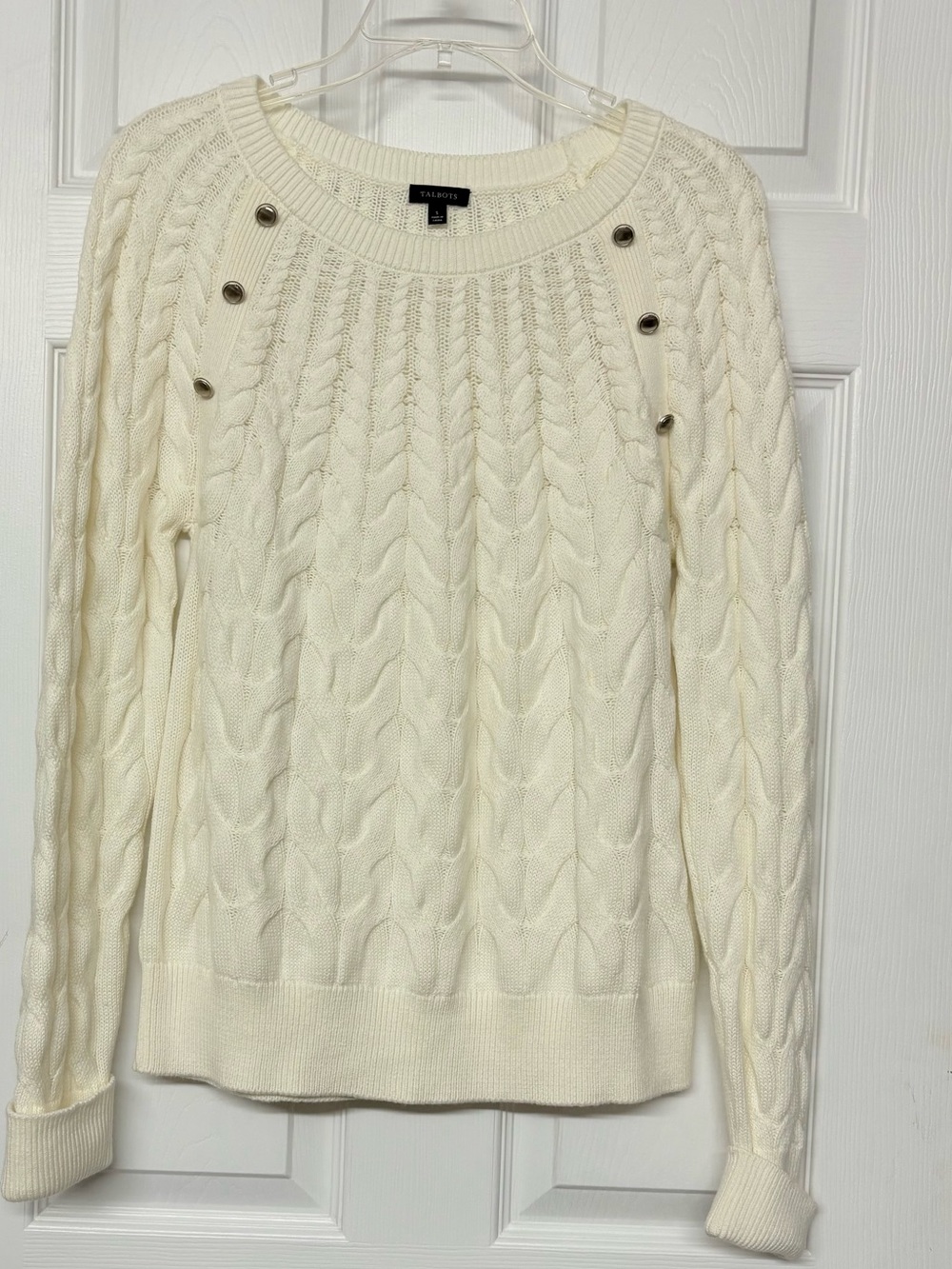 Talbots Cream Cable Knit Sweater Button Detail Wool Blend Sz S
